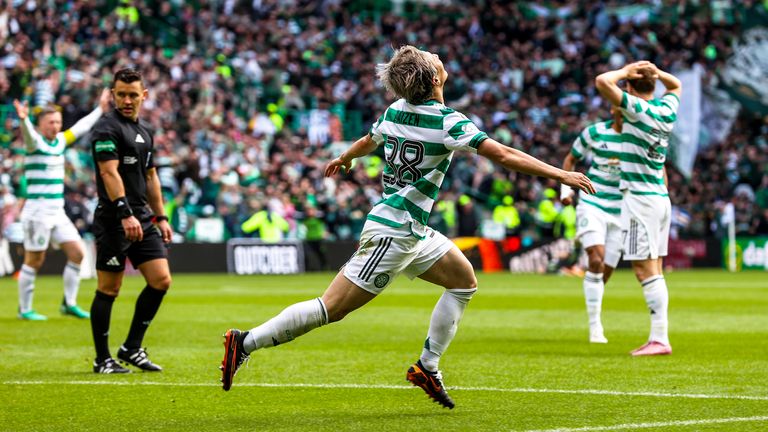 Daizen Maeda celebrates after making it 3-1 against Rangers