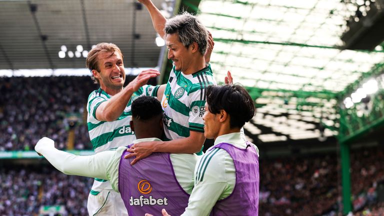 GLASGOW, SCOTLAND - MAY 10: Celtic...s Daizen Maeda celebrates after scoring to make it 2-1 during a William Hill Premiership match between Celtic and Rangers at Celtic Park, on May 10, 2026, in Glasgow, Scotland.   (Photo by Craig Williamson / SNS Group)