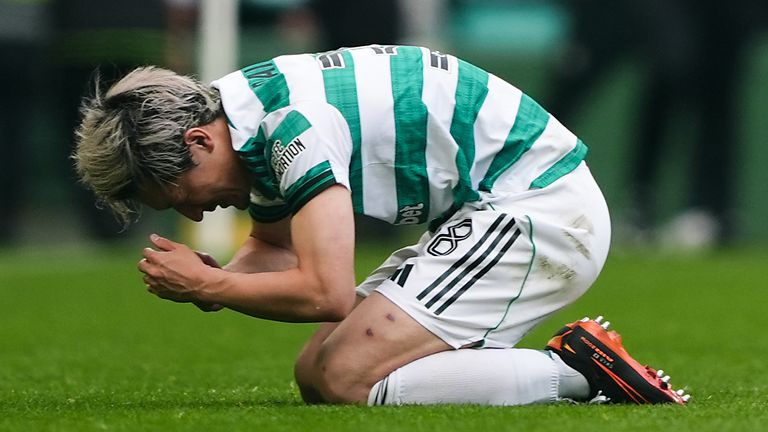 Daizen Maeda celebrates after scoring late for Celtic against Hearts