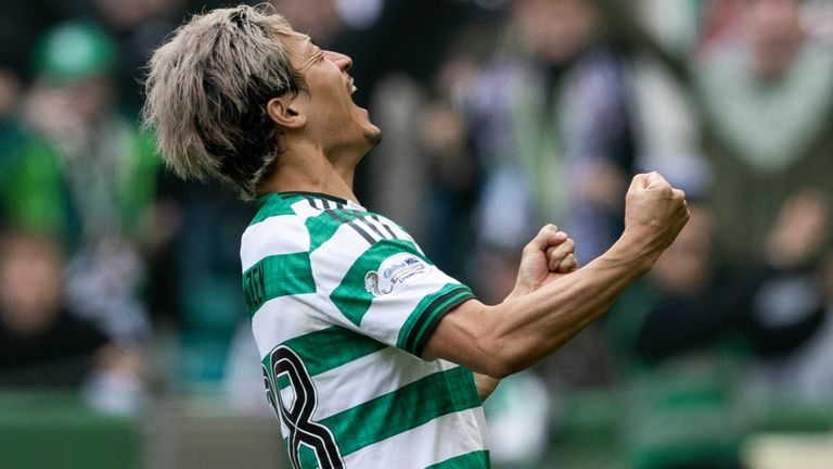 Daizen Maeda celebrates after scoring a vital late goal to earn Celtic victory against Hearts