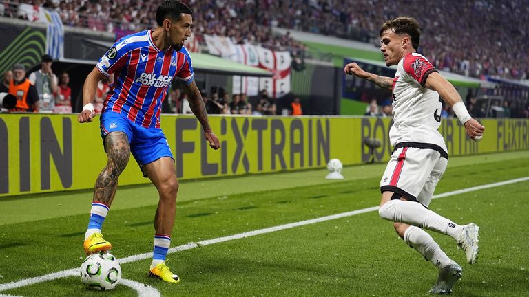 Crystal Palace's Daniel Munoz (left) and Rayo Vallecano's Pep Chavarria battle for the ball during the UEFA Conference League Final
