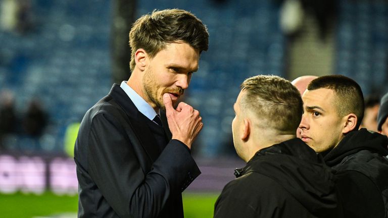 Rangers Head Coach Danny Rohl looks dejected while talking to fans at full time 