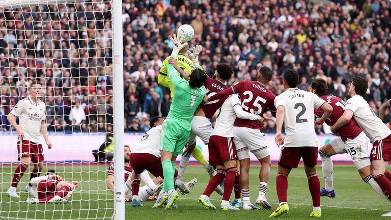 Pablo grabs the arm of David Raya before Callum Wilson (not pictured) scores a goal that is later disallowed by VAR