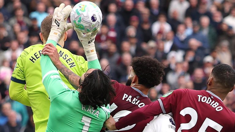 Pablo fouls David Raya during Arsenal's win over West Ham