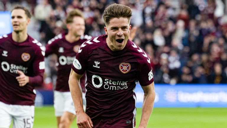 Hearts' Cammy Devlin celebrates scoring to make it 2-0 during a William Hill Premiership match between Heart of Midlothian and Falkirk