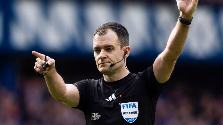 GLASGOW, SCOTLAND - MARCH 08: Referee Don Robertson in action during a Scottish Gas Scottish Cup Quarter-Final match between Rangers and Celtic at Ibrox Stadium, on March 08, 2026, in Glasgow, Scotland. (Photo by Craig Foy / SNS Group)