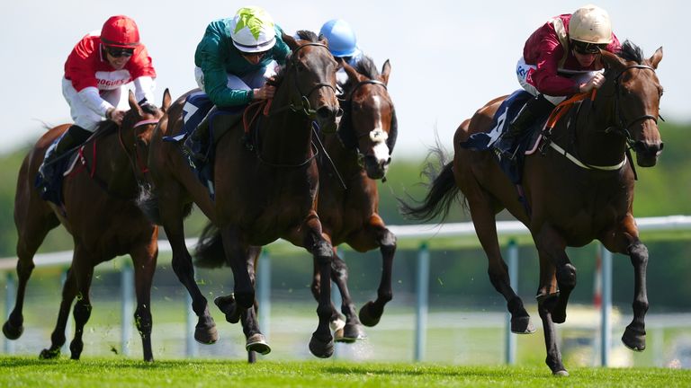 Dreamasar, ridden by Kieran Shoemark (right), coming home to win the William Hill Epic Boost British EBF Hedge Of Oak Stakes at Haydock 