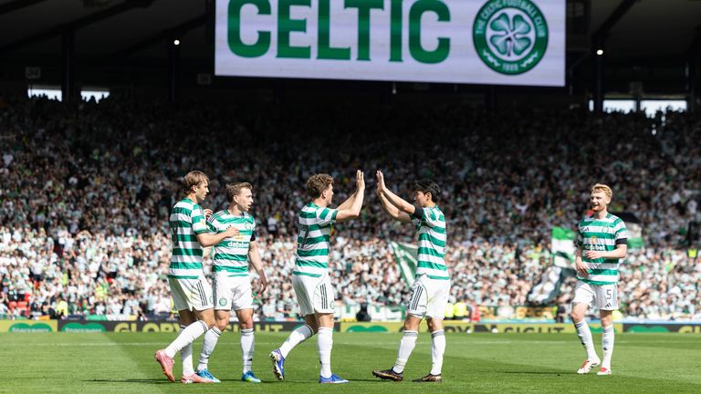 GLASGOW, SCOTLAND - MAY 23: Celtic's Arne Engels (centre) celebrates scoring to make it 2-0 during the Scottish Gas Men's Scottish Cup Final between Celtic and Dunfermline Athletic at Barclays Hampden, on May 23, 2026, in Glasgow, Scotland.  (Photo by Ross Parker / SNS Group)