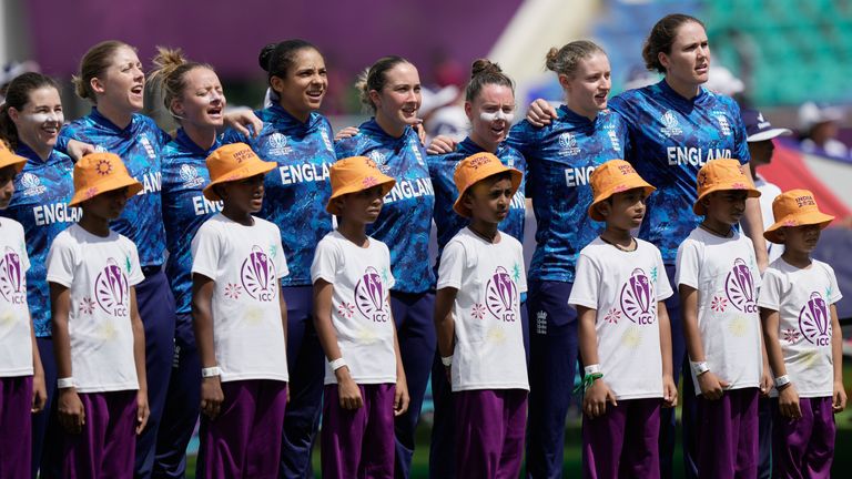 England's players stands for national anthem during the ICC Women's Cricket World Cup match between England and New Zealand in 2025