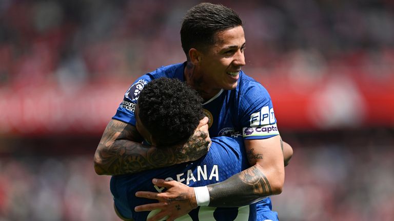 Enzo Fernandez of Chelsea celebrates his equaliser with team-mate Wesley Fofana