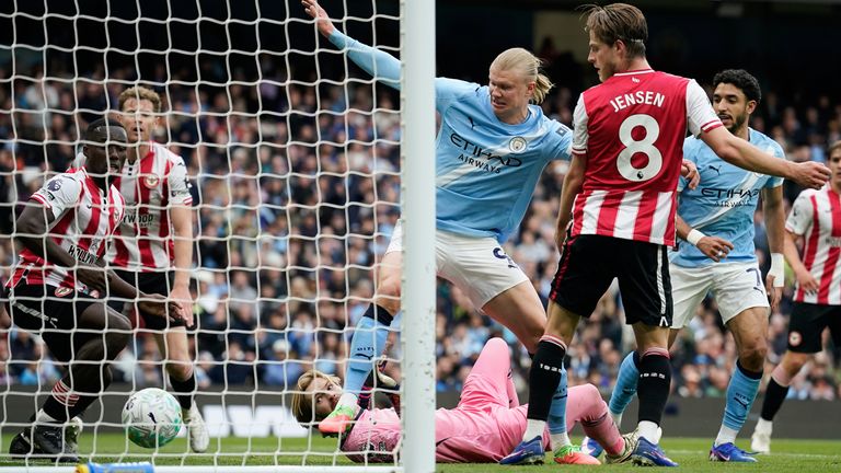 Manchester City's Erling Haaland scores their second goal of the game (AP Photo/Dave Thompson)