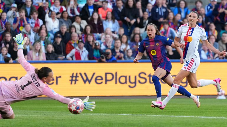 Barcelona's Ewa Pajor scores the opening goal during the Women's Champions League final (AP Photo/Kirsty Wigglesworth)