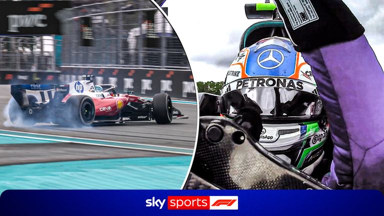 Watch the last-lap drama that saw Kimi Antonelli win the Miami Grand Prix, Charles Leclerc spin, and George Russell limp home with wing damage.