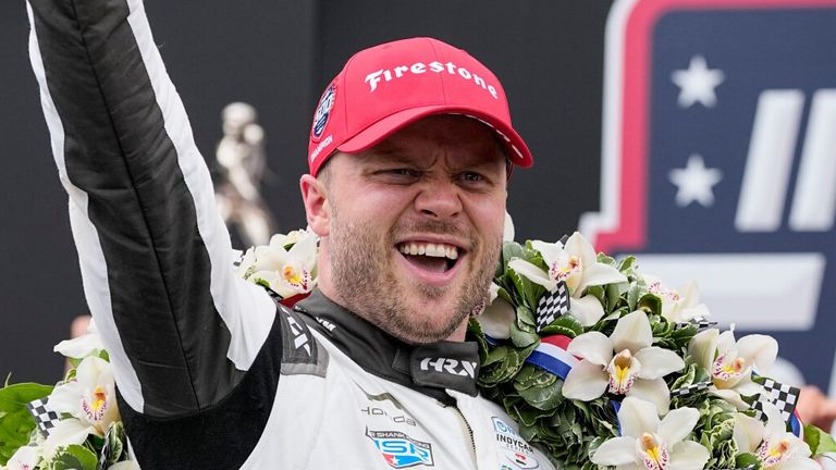 Felix Rosenqvistcelebrates after winning the Indianapolis 500 
