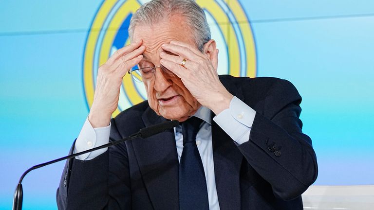 Real Madrid president Florentino Perez gestures during a press conference in Madrid, Tuesday, May 12, 2026. (AP Photo/Bernat Armangue)
