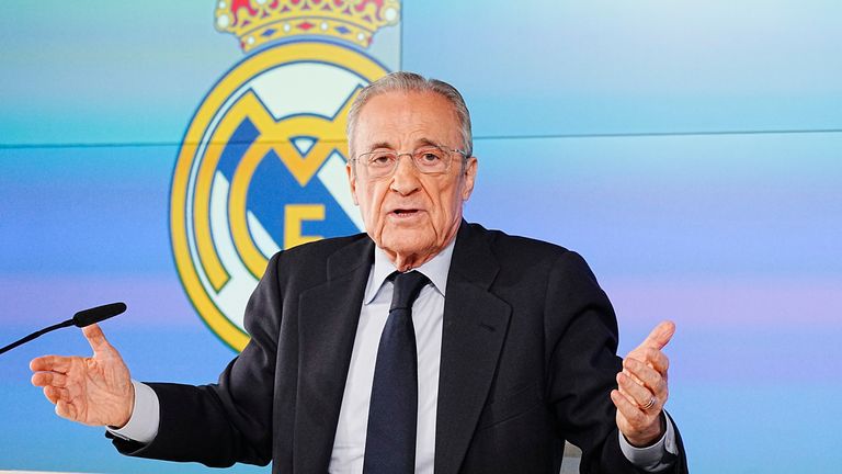Real Madrid president Florentino Perez gives a press conference in Madrid, Tuesday, May 12, 2026. (AP Photo/Bernat Armangue)