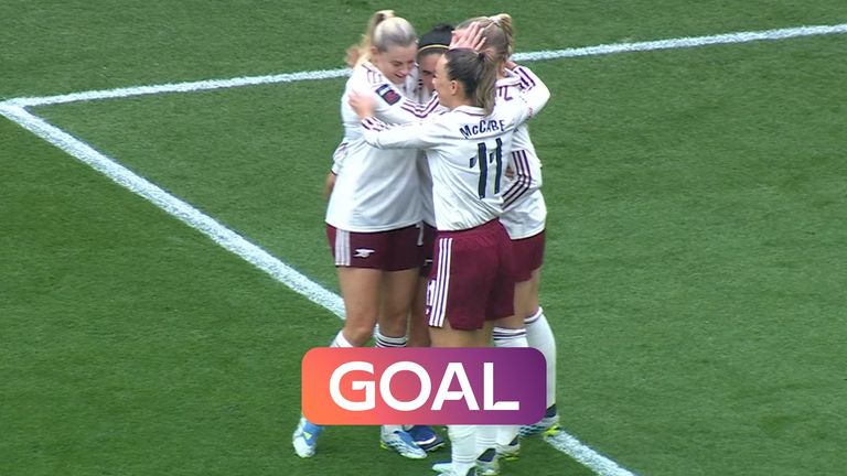 Alessia Russo's header saw Arsenal take a first half lead against Liverpool during their final WSL match of the season.