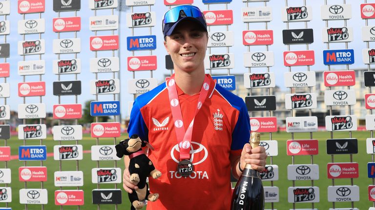 Freya Kemp of England pictured with the POTM award after the Second Vitality T20 International match between England and India