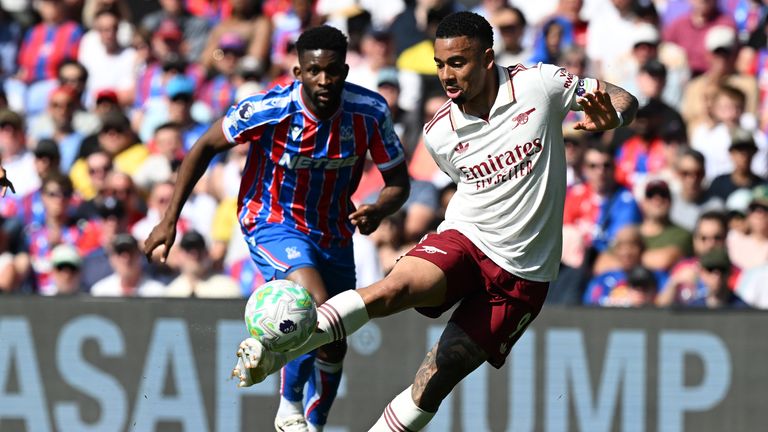 Gabriel Jesus controls the ball while under pressure from Jefferson Lerma