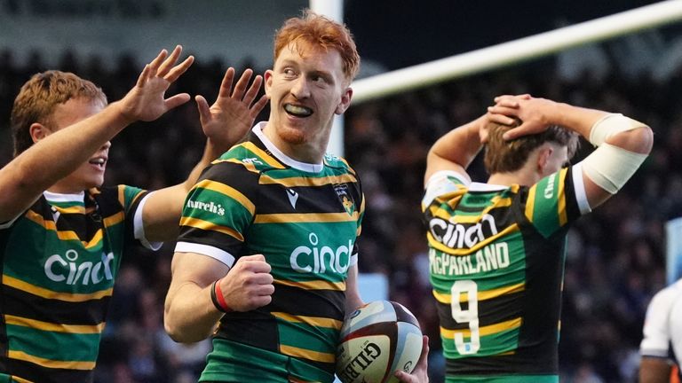 Northampton Saints' George Hendy celebrates scoring their side's twelfth try of the game during the Gallagher PREM match at cinch Stadium at