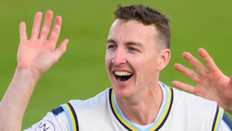 Picture by Allan McKenzie/SWpix.com - 17/05/2026 - Cricket - Rothesay County Championship - Yorkshire County Cricket Club v Surrey County Cricket Club - Headingley Cricket Ground, Leeds, England - Yorkshire's Harry Brook celebrates bowling Surrey's Jamie Smith with George Hill & Matthew Revis.
