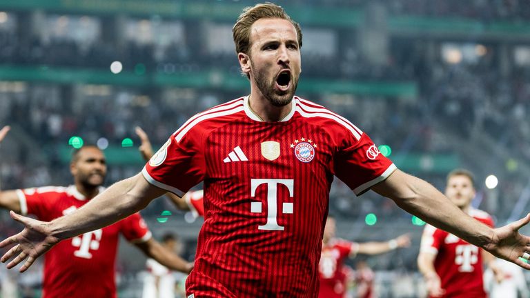 BERLIN, GERMANY - MAY 23: Harry Kane (FC FC Bayern Munich, 9) celebrates scoring the 1:0 goal during the DFB Cup Final