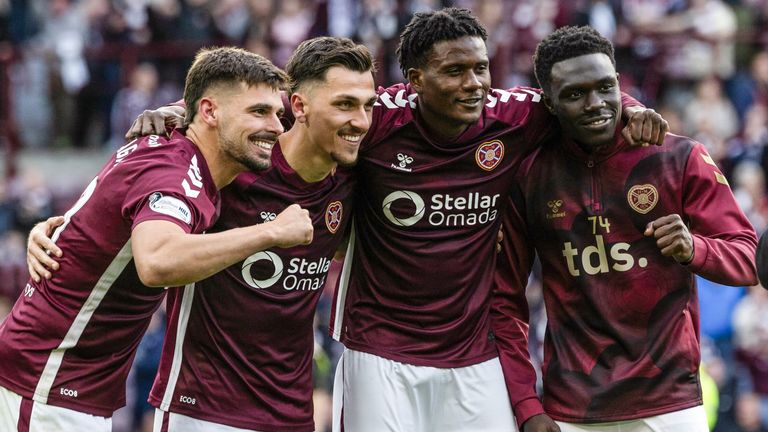 EDINBURGH, SCOTLAND - MAY 04: (L-R) Hearts' Claudio Braga, Alexandros Kyziridis, Pierre Landry Kabore and Rigers Mato at full time during a William Hill Premiership match between Heart of Midlothian and Rangers at Tynecastle Park, on May 04, 2026, in Edinburgh, Scotland. (Photo by Craig Foy / SNS Group)