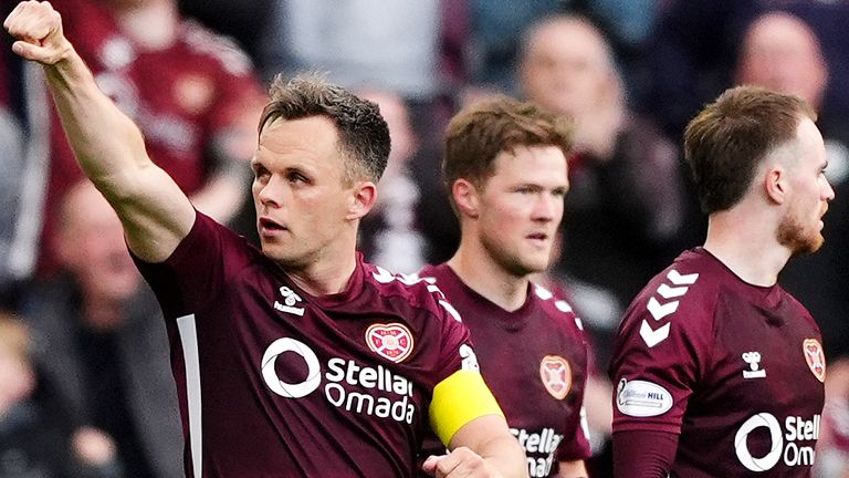 Hearts captain Lawrence Shankland celebrates his goal that gave his side a 2-1 lead over Rangers