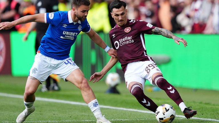 Rangers' Nicolas Raskin (left) and Heart of Midlothian's Alexandros Kyziridis battle for the ball 