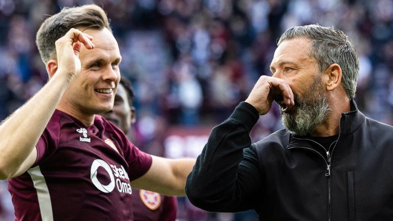 EDINBURGH, SCOTLAND - MAY 04: Hearts head coach Derek McInnes (R) and Lawrence Shankland at full time during a William Hill Premiership match between Heart of Midlothian and Rangers at Tynecastle Park, on May 04, 2026, in Edinburgh, Scotland. (Photo by Craig Foy / SNS Group)