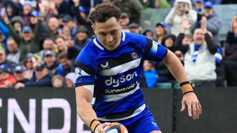 Bath Rugby's Henry Arundell scores a try during the Gallagher PREM match at The Recreation Ground, Bath. Picture date: Saturday May 16, 2026