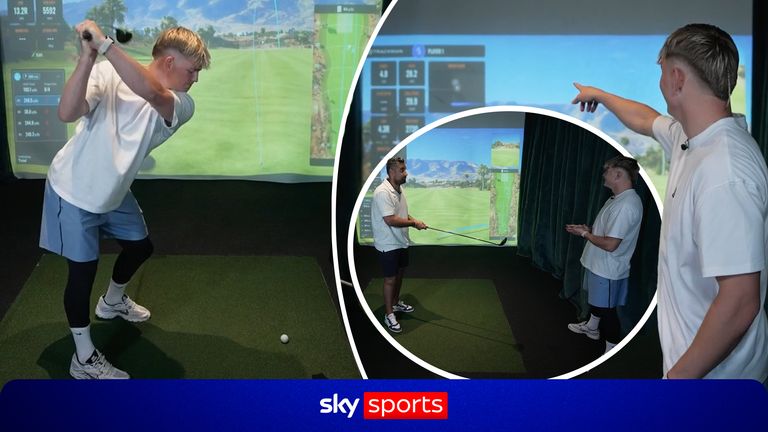 Rugby star Henry Pollock tries sharing his golf tips using a simulator with Sky Sports reporter Mantej Mann as the Northampton Saints player likes to play the sport in his spare time. 