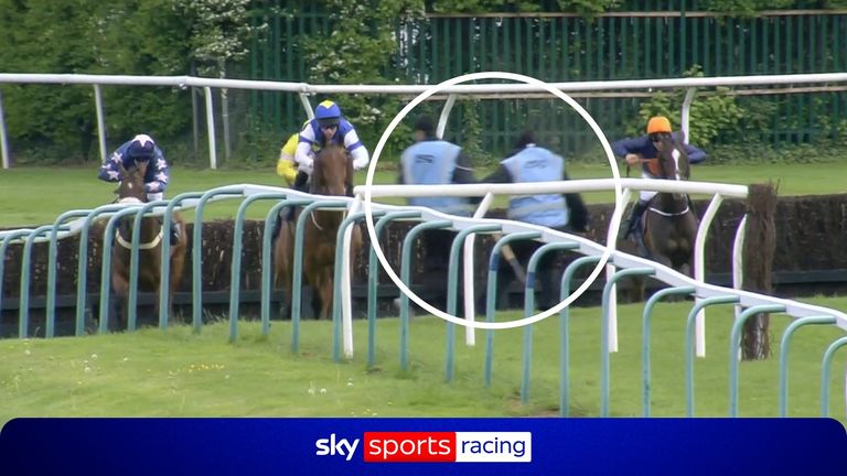 Two members of the Hereford grounds team narrowly avoided collision with horses