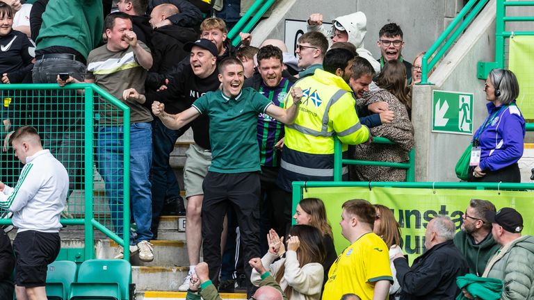 Hibernian fans celebrate after Celtic score to make it 2-1 against Hearts 