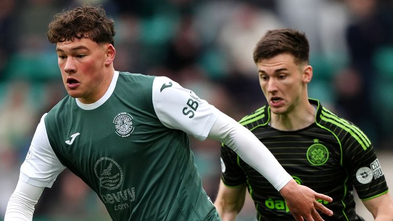 Hibernian's Owen Elding and Celtic's Kieran Tierney battle for the ball