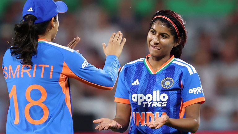 Nandani Sharma celebrates the wicket of Amy Jones