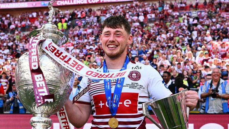 Picture by Olly Hassell/SWpix.com - 30/05/2026 - Rugby League - Betfred Challenge Cup Final - Wigan Warriors v Hull KR - Wembley Stadium, London, England - WIgan's Jack Farrimond with the Betfred Challenge Cup trophy and Lance Todd Man of the Match trophy after victory over Hull KR.