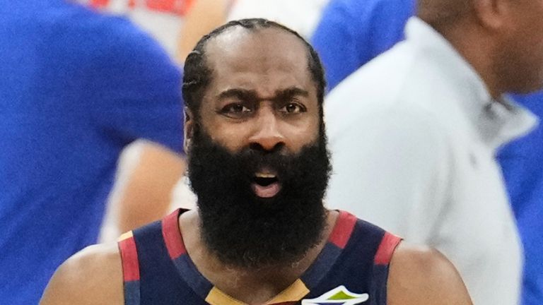 Cleveland Cavaliers guard James Harden reacts to a call during the first half of Game 4 in the Eastern Conference finals NBA basketball