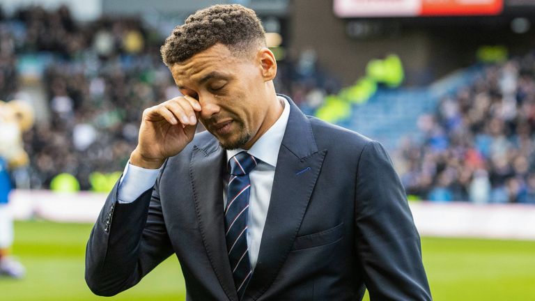 James Tavernier is presented a plate by Rangers Legend John Greig to mark his final season with Rangers