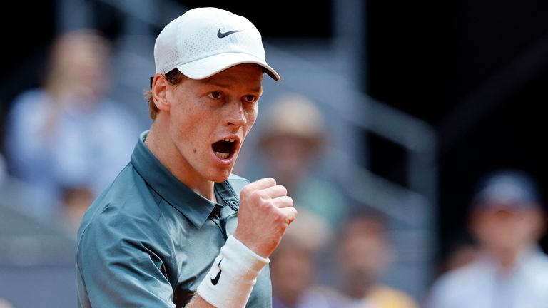 Italy's Jannik Sinner celebrates beating France's Arthur Fils during their 2026 ATP Tour Madrid Open tennis tournament semi-final singles ma