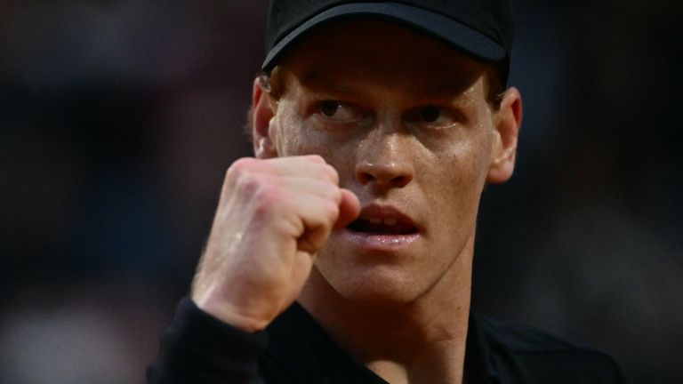 Italy's Jannik Sinner celebrates a point against Russia's Daniil Medvedev during their semi-final at the ATP Rome Open tennis tournament at 