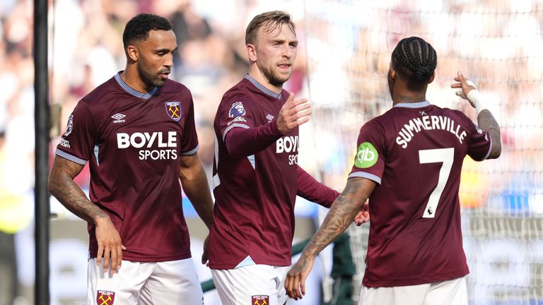 Jarrod Bowen celebrates after scoring West Ham's second goal
