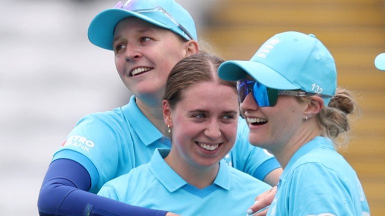 Jodi Grewcock celebrates her maiden ODI wicket on debut for England against New Zealand