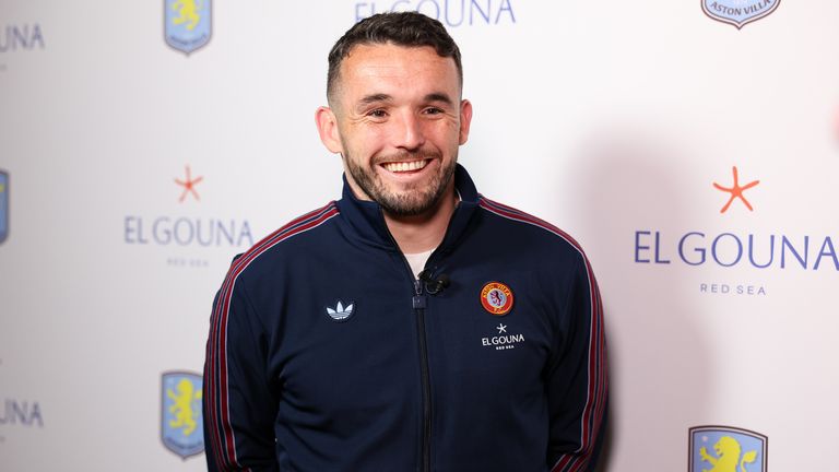 Aston Villa captain John McGinn being interviewed by Sky Sports at an El Gouna partnership event at Villa Park
