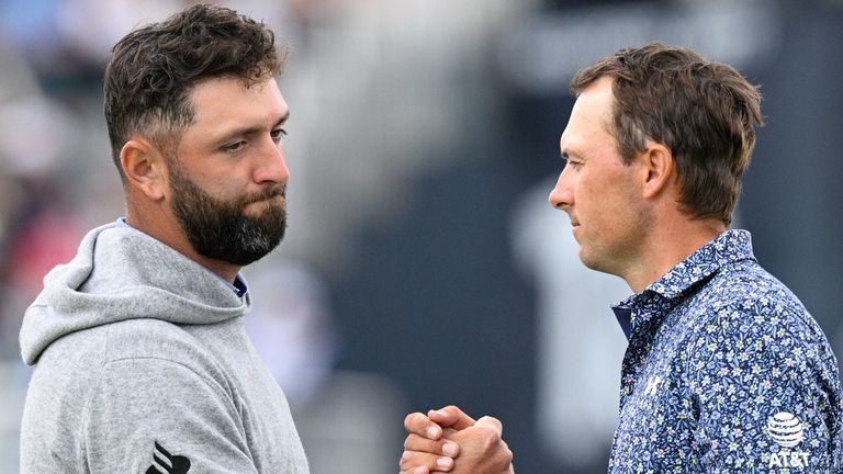Jon Rahm of Spain and Jordan Spieth of United States of America shake hands during round one of the 2026 PGA Championship