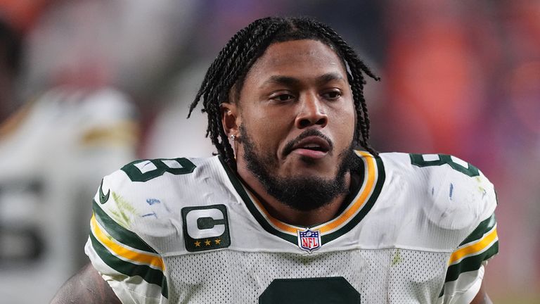 Green Bay Packers running back Josh Jacobs (8) in the second half of an NFL football game Sunday, Dec. 14, 2025, in Denver. (AP Photo/David Zalubowski)