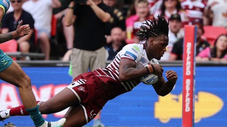 Picture by Alex Whitehead/SWpix.com - 30/05/2026 - Rugby League - Betfred Challenge Cup Final - Wigan Warriors v Hull KR - Wembley Stadium, London, England - WIgan's Junior Nsemba scores a try against Hull KR.