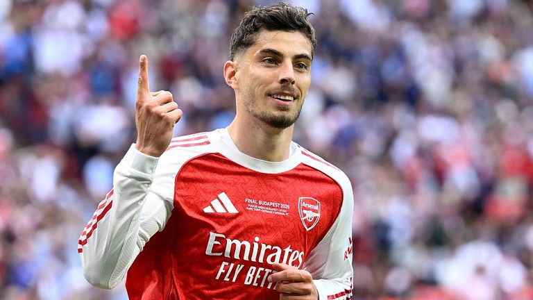 Arsenal's German forward #29 Kai Havertz celebrates after scoring the opening goal during the UEFA Champions League final football match between Paris Saint-Germain (PSG) and Arsenal FC at the Puskas Arena in Budapest on May 30, 2026. (Photo by INA F