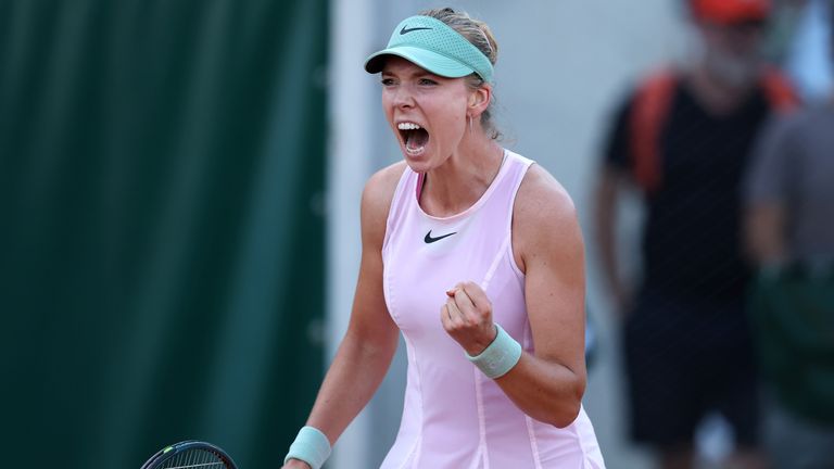 Britain's Katie Boulter reacts during her women's singles first round match against America's Akasha Urhobo on day two.
