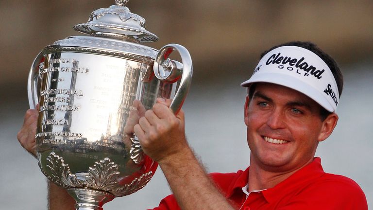 Keegan Bradley holds up the Wanamaker Trophy after winning the 2011 PGA Championship 
